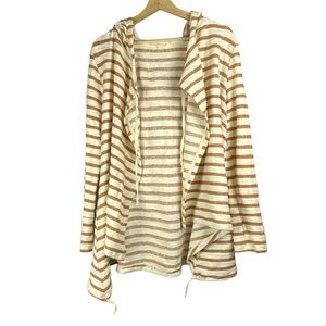 Entro Cream and Brown Striped Hooded Cardigan Lagenlook Drawstring Size Large